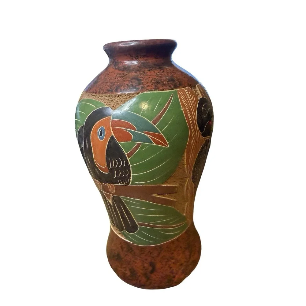 FOLK ART POTTERY VASE Hand Painted Carved Toucan Jungle costa rica 7‎ in Tall